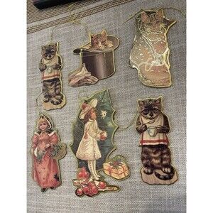 11 VTG Kitty Cucumber Christmas Ornaments EUC Die Cut Cats, Merrimack, '83 & '85